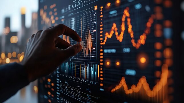 Hand touching digital screen displaying financial charts and graphs with glowing orange and blue data points against a blurred cityscape backdrop. - Powered by Adobe