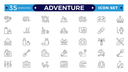 Adventure and trekking line icon set. Included the icons as view, nature, camping, mountain, forest, backpacking, travel, sunset and more. Editable stroke outline icon.