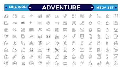 Adventure and trekking line icon set. Included the icons as view, nature, camping, mountain, forest, backpacking, travel, sunset and more. Editable stroke outline icon.