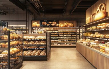 Modern Supermarket Bakery Display with Fresh Artisan Bread Selection