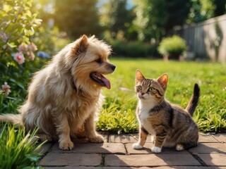 Obraz premium cat and puppy dog playing in the garden