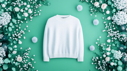 Elegant white sweater surrounded by beautiful flowers on a vibrant green background, perfect for fashion or lifestyle concepts.