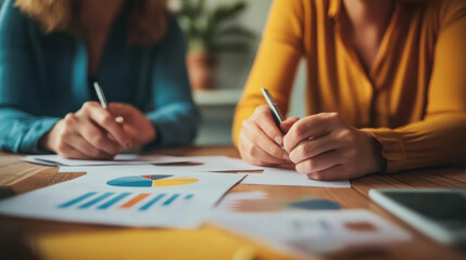 Close-up shot of two women in a business meeting, analyzing data and discussing