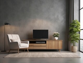 Modern living room with a TV, armchair, and a plant in a wicker basket.