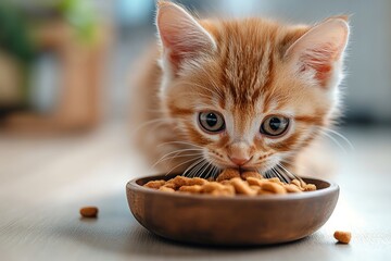 A close-up photo of a cute orange kitten eating cat food from a bowl.