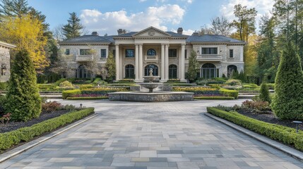 Luxury Mansion with a Fountain and Landscaping