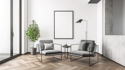 Mockup poster frame on the wall of living room. Luxurious apartment background with contemporary design. Modern interior design. 3D render, 3D illustration