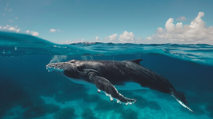 Naklejka premium Humpback whale jumping out of the water in Australia. The whale is falling on its back and spraying water in the air. Jumping humpback whale over water. Madagascar. At sunset. A frolicking whale jumps