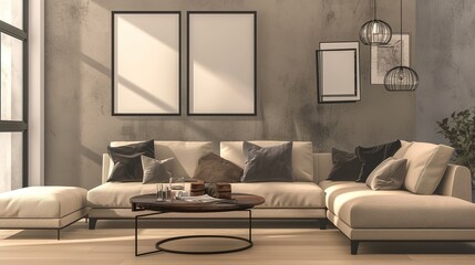Mockup poster frame on the wall of living room. Luxurious apartment background with contemporary design. Modern interior design. 3D render, 3D illustration