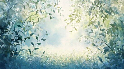 A serene view of sunlight filtering through leaves in a tranquil forest at dawn, creating a peaceful atmosphere