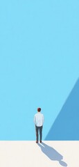 A solitary figure stands against a vast blue background, symbolizing contemplation and self-reflection in a minimalist setting.