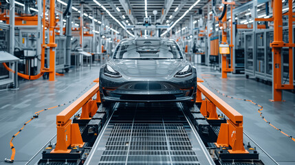 Front view of a silver electric car on the state-of-the-art automated assembly line in a contemporary car production factory..