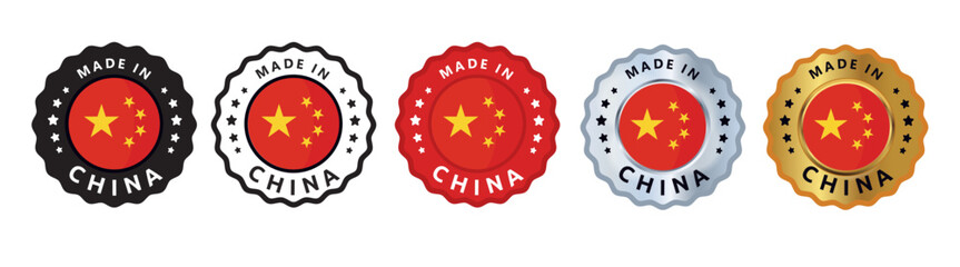 Made in china set of sign stamp badge, with varian color red, silver, gold, black suitable for products manufactured, military, agriculture or food vector illustration eps editable text
