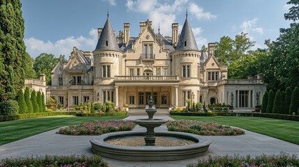 Fototapeta premium French Chateau with Fountain Garden