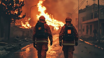 Naklejka premium back view of two rescue team walking on town street with wildfire burning, climate change crisis and extreme weather concept, Generative Ai