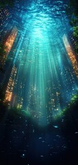 Obraz premium Mystical underwater city illuminated by rays of light, creating a serene and dreamlike atmosphere filled with aquatic life.