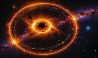 Obraz premium A glowing ring of gas surrounds a black hole in space, a celestial phenomenon captured in this artistic rendition