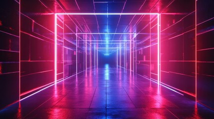 Laser grid lights forming a 3D cube, intense red and blue colors, high-tech futuristic stage design