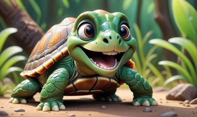 Fototapeta premium A cartoon turtle smiles widely as it walks through a lush forest