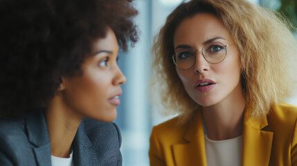 Fototapeta premium Detailed shot of two businesswomen engaged in a focused conversation during a corporate