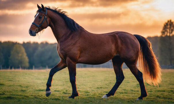 A brown horse walks through a grassy field at sunset