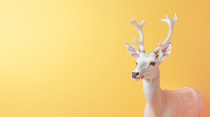 A gentle fawn with antlers gazes softly at the viewer, surrounded by a soothing gradient backdrop of pastel fawn, lemon, and white tones, creating a calming atmosphere, fairytale deer, copy space
