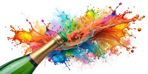 Obraz premium Vibrant painting of champagne bottle with colorful splash and green cap