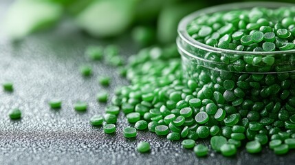 Eco-friendly green bioplastic beads scattered on a clean white surface, emphasizing sustainability