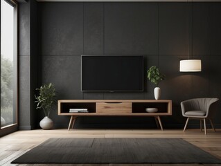 Modern Living Room with Dark Walls and Wooden Entertainment Center
