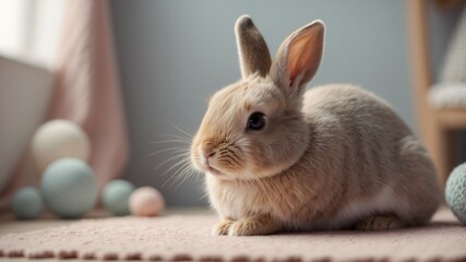 Obraz premium Cute Bunny Sitting on a Rug in a Pastel Room.