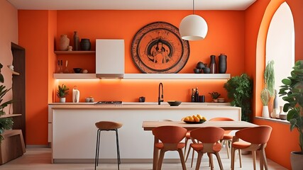 Modern apartment's contemporary kitchen interior features a vivid orange wall and a counter adorned with an ethnically themed image.