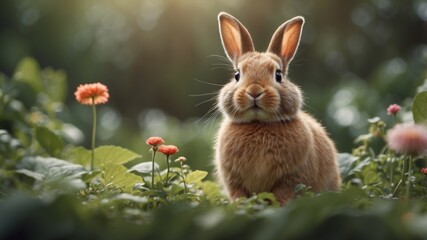 Cute Bunny with a Speech Bubble in a Lush Garden.