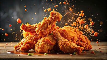 Close-up of crispy and crunchy fried chicken with sauce splash, fried chicken, crispy, crunchy, delicious, fried, food
