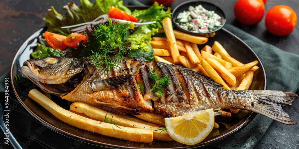 Canvas Prints Grilled fish served on a plate shaped like its silhouette, accompanied by fries and a side salad.