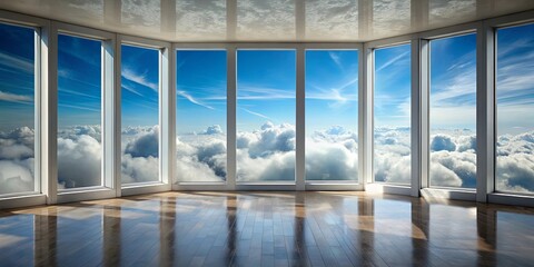 Fototapeta premium Room with multiple windows providing a scenic view of clouds in the sky