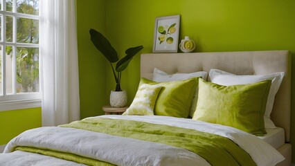 A green bedroom with a white bed, green bedding, and a green wall. There is a plant on a bedside table, a window with white curtains, and a picture on the wall.