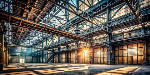 Rugged industrial interior with exposed beams and metal latticework, dramatic shadows and cold lighting accentuating raw textures