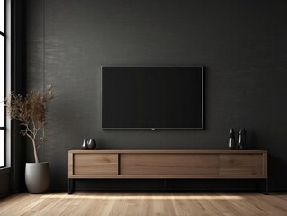 Modern living room with a flat screen TV on a wooden entertainment stand