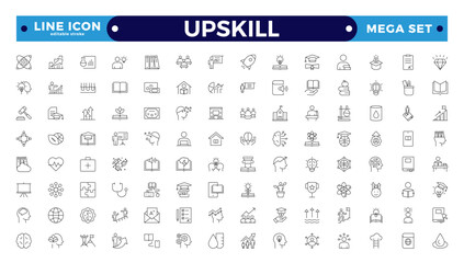 Set of Outline icons related to upskill, upskilling, personal growth, development, education, career. Outline icon collection. Editable stroke outline icon.