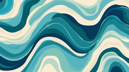 Bright blue and teal fluid abstract shapes flow rhythmically, evoking a playful and lively retro vibe reminiscent of 70s surf art