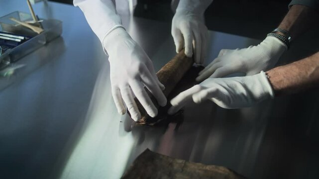 Two archaeologists in gloves carefully roll out ancient Egyptian papyrus on the table in archaeological laboratory. Scientists work with cultural heritage of extinct human civilization. Archaeology.
