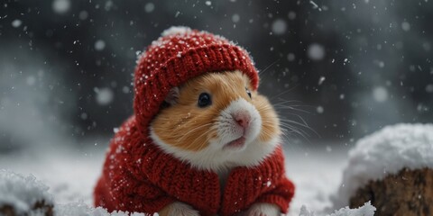 Cute Hamster in a Red Knit Hat in the Snow.