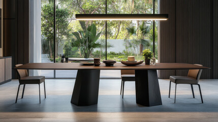 Obraz premium Elegant modern dining table with minimalist chairs, set against a backdrop of large