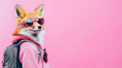Obraz premium Red Fox Wearing Sunglasses and Pink Hoodie with Backpack on Pink Background