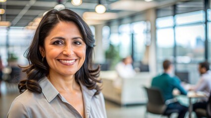 Obraz premium Hispanic woman smiling in a blurred office setting, with copy space, with empty space, no text, no word, no character, --no logo --no letters --no text, no watermark, --no words