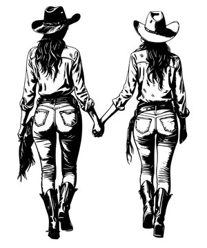 Gay Lesbien Cowgirls Walking Hand in Hand LGBTQ Pride