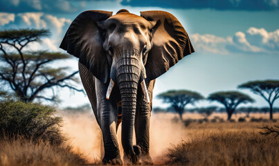 Obraz premium Słoń spaceruje po sawannie w jasny, słoneczny dzień