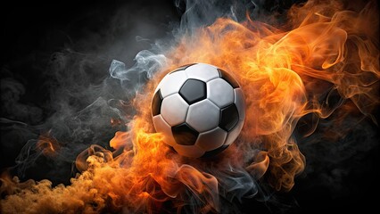 Fototapeta premium Soccer ball enveloped in black and orange smoke, soccer, ball, black, orange, smoke, sport, competition, game, match, team