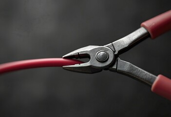A close-up view of a pair of pliers gripping a red wire against a blurred background