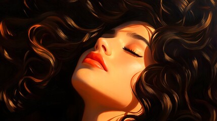 A close-up of a woman's serene face, flowing hair rendered in smooth oil brushstrokes, classical art style, subtle shading, and vibrant color palette.